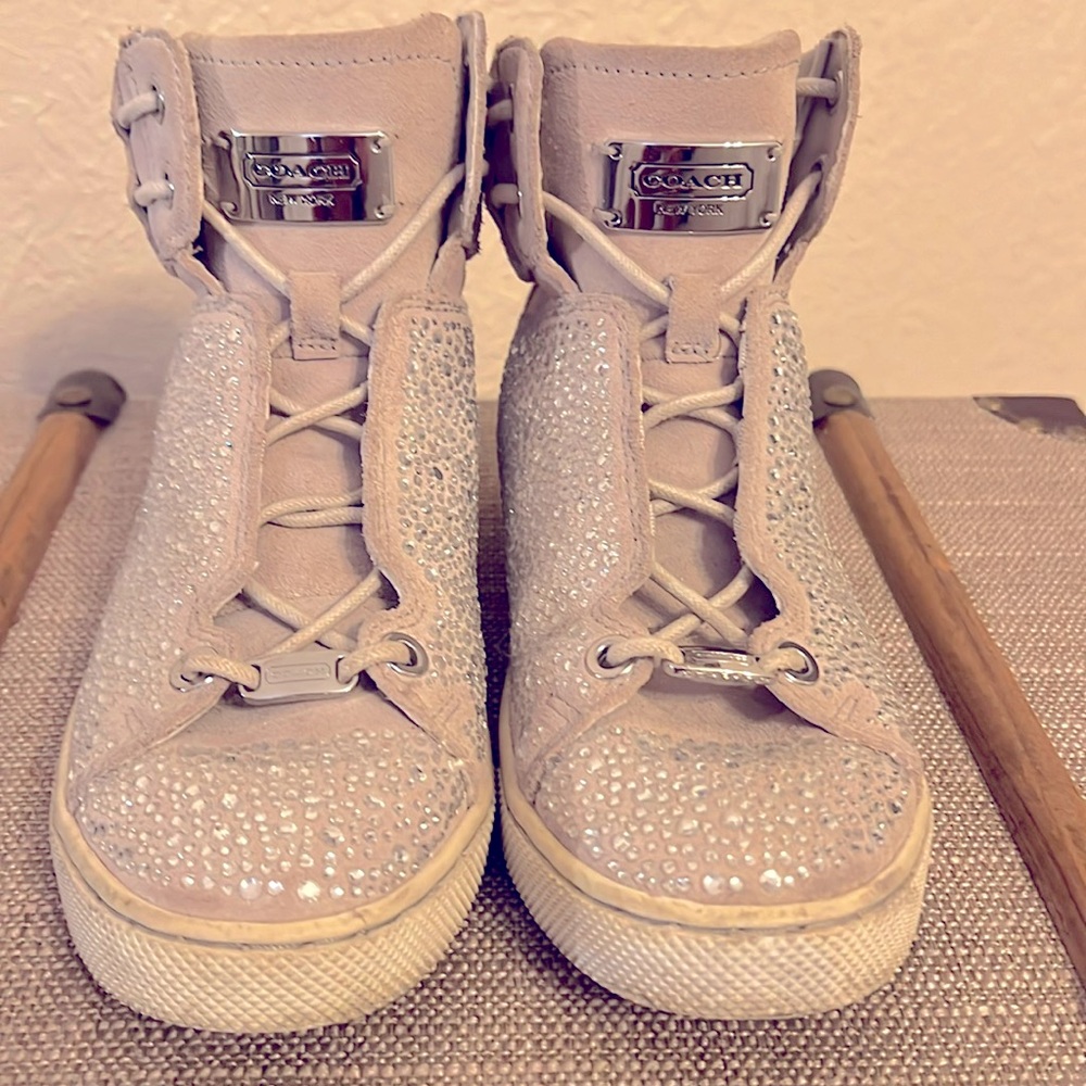 COACH PENDA Silver Suede Designer Lace Up High Top Sneakers- Size 6